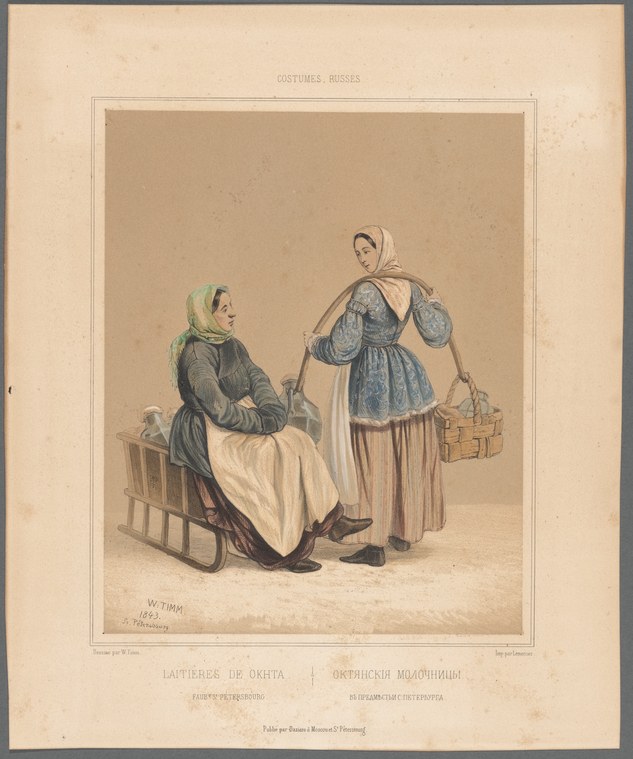 Two Russian women in 19th-century dress: one seated with clasped hands, one standing holding large decorated vessels. Neither is in motion.