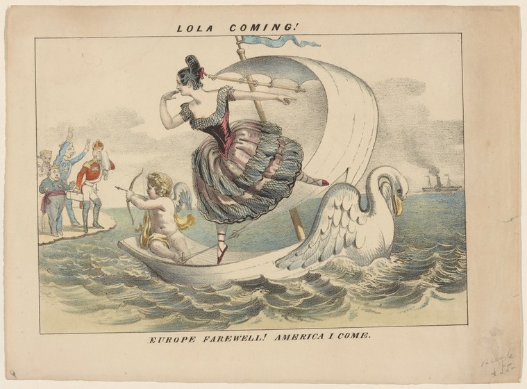 Lola Montez reclines in a shell chariot drawn by a winged cherub, descending from the sky above a coastal shore lined with uniformed military figures.