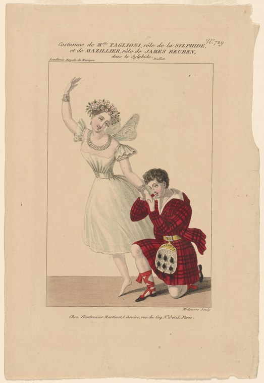 Hand-colored engraving: ethereal woman in pale dress floating above, male dancer in tartan kneeling below with hand raised, gazing upward in yearning.