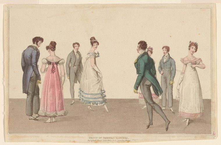 Seven fashionably dressed figures in Regency-era clothing arranged in two groups in a ballroom, poised in formal social interaction.