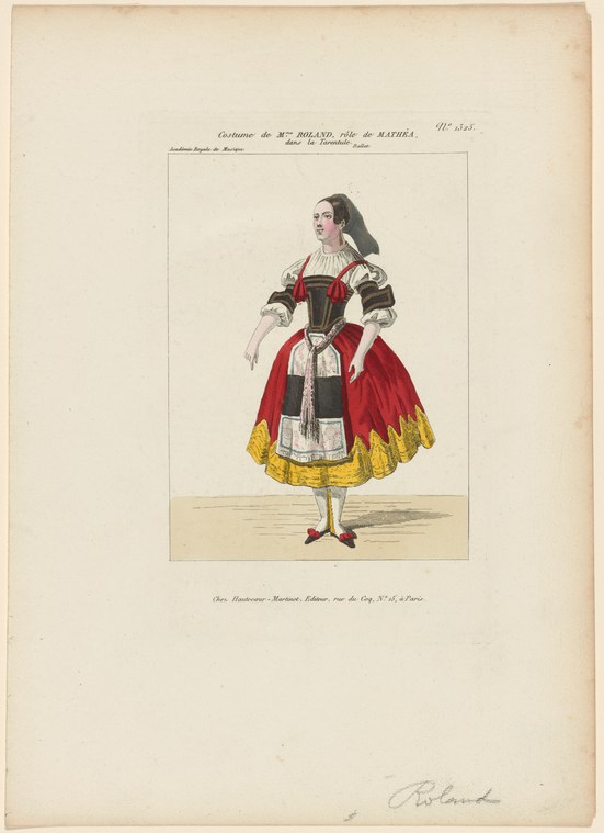 A woman in Romantic-era theatrical dress: dark corseted bodice, red silk skirt with golden hem, white lace collar, standing upright in a neutral pose.