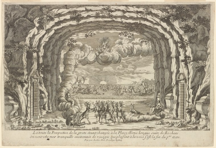 Engraving showing a mythological wedding procession framed by a stone archway, with celestial figures floating above and formal figures gathered below.