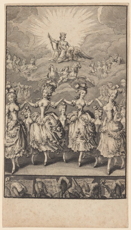 Engraving showing eight costumed women in a formal line below a radiant celestial figure, surrounded by clouds and attendants.