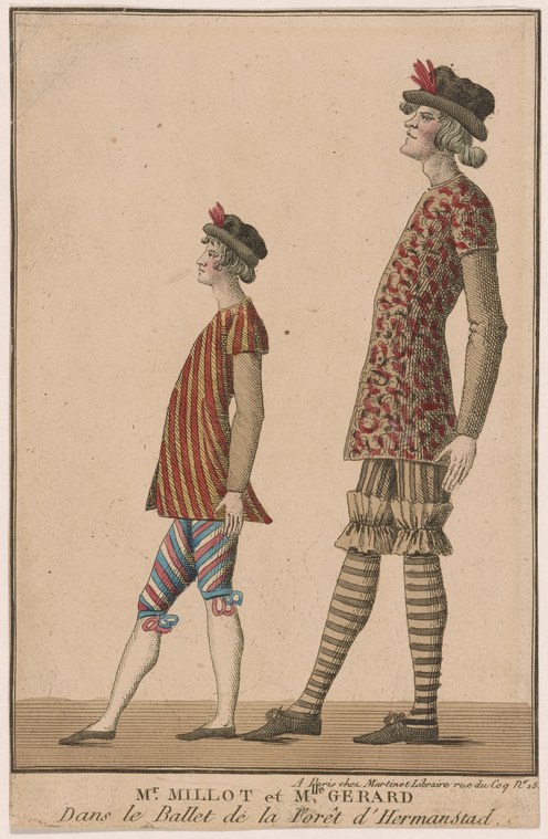 Two 18th-century ballet dancers in costume and feathered hats, shown standing still in profile against a plain background.