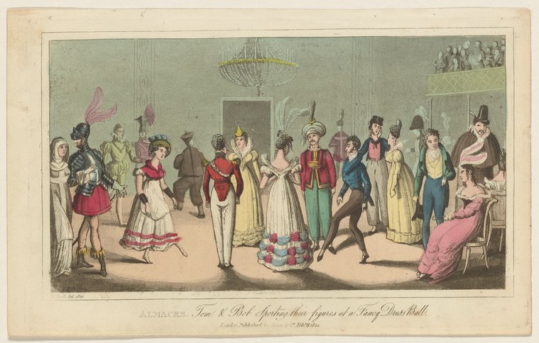 Hand-colored engraving of a crowded Regency ballroom with two elaborately costumed men posing theatrically at the center while other guests observe.