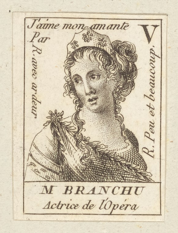 Engraved portrait of a woman in 18th-century dress with jeweled headdress, identified as M. Branchu, opera actress.
