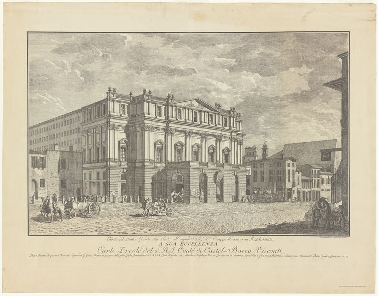 Engraving of the neoclassical Teatro alla Scala in Milan, with pedestrians and carriages in the plaza before it.