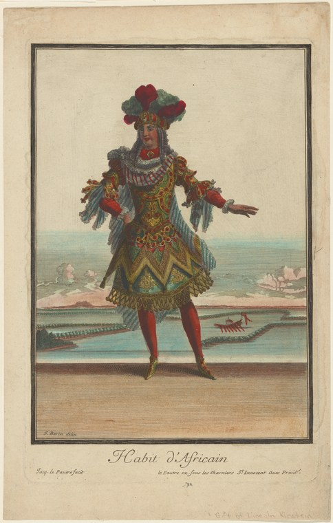 Hand-colored engraving of a solitary figure in elaborate African dress with feathered headdress, standing on a shore against a pale sky.