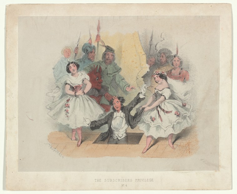 A white-dressed ballerina with floral crown stands formally center stage surrounded by four demonic green-costumed creatures with horns.