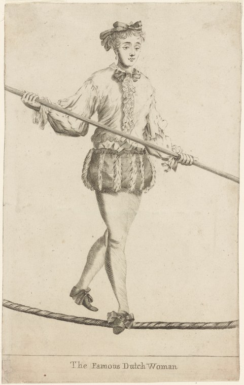 An 18th-century engraving of a woman in fashionable dress balanced on a tightrope while holding a horizontal pole.
