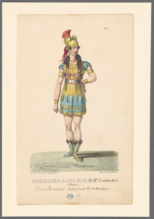 Single figure in gold-patterned tunic with blue trim, plumed helmet, standing in formal pose with hand on hip.