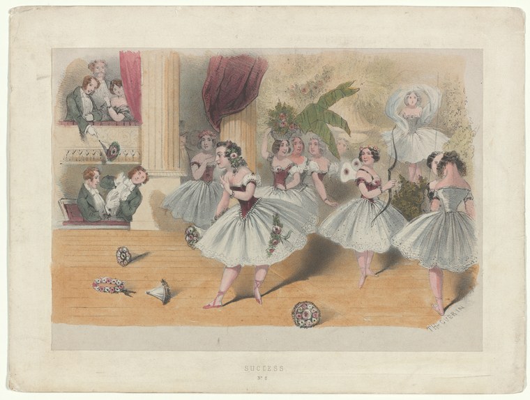 Seven female ballet dancers in full romantic-era tutus rehearse on a theatre stage floor, observed by a conductor in an elevated box.