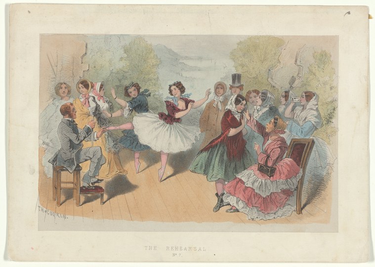 A woman in a white tutu dances in the center while musicians and spectators in period dress watch from around a rehearsal room.