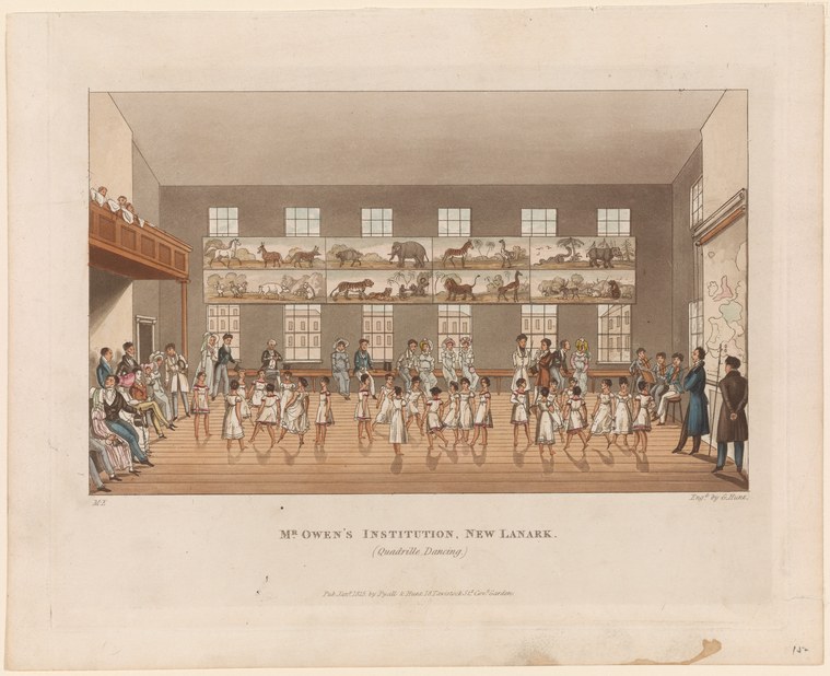 Large institutional hall with many children in light clothing moving freely under adult supervision, with window light and wall illustrations.