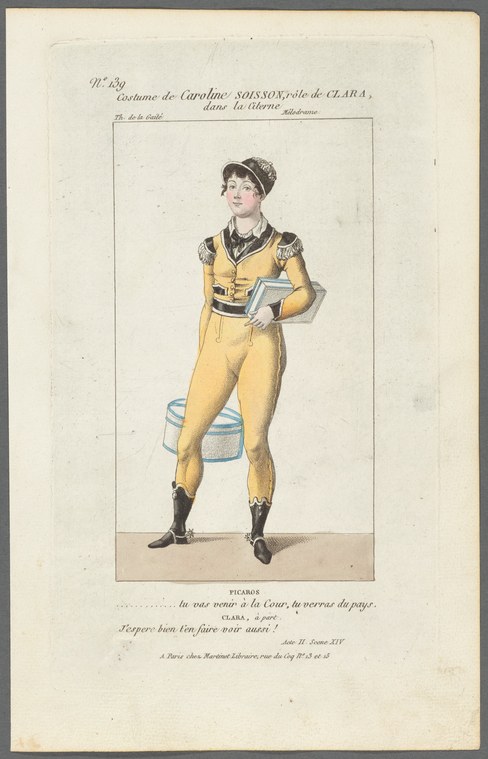 Hand-colored engraving of a woman in a yellow tunic and black boots, holding a script, standing in a calm frontal pose.