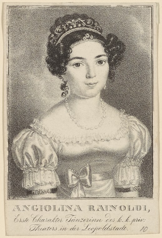 Stippled engraving of Angiolina Rainoldi in white muslin dress with tiara, facing forward, head and shoulders only.