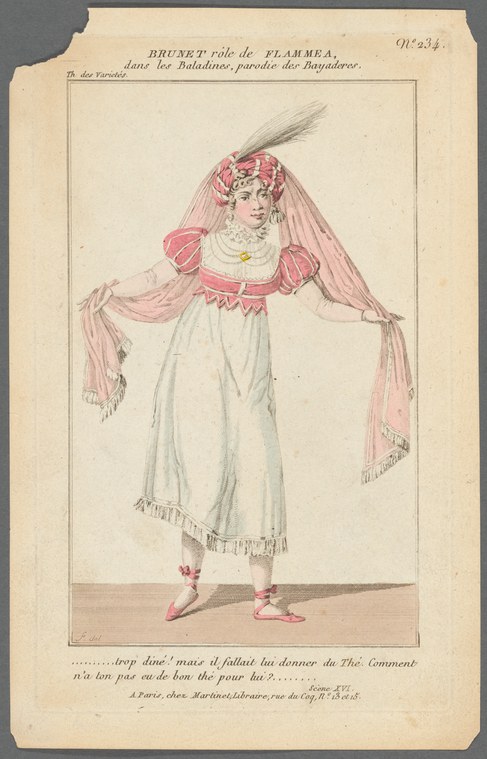 Hand-colored engraving of a woman in an Empire-waist white gown, pink bodice, feathered headdress, and pink veil, standing in theatrical pose.