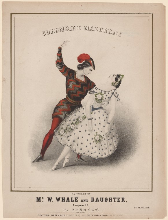Hand-colored engraving of two dancers: a man in red and gold tunic with raised arm and arched back, a woman in white muslin dress mid-turn with lifted skirt.