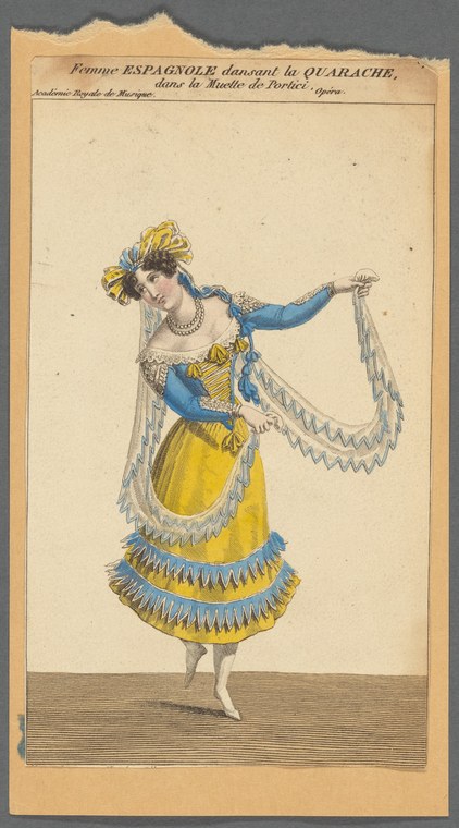 Woman in yellow skirt and blue jacket holds white drapery aloft while dancing, in a hand-colored theatrical engraving.