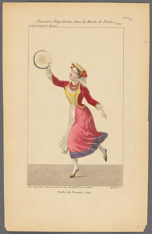 A female dancer in red jacket, pink skirt, and red bonnet leaps against a pale background, right arm raised overhead holding a circular object.