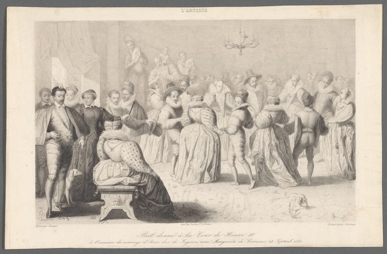 A detailed engraving of a formal Renaissance court ball, with richly dressed courtiers in 16th-century clothing dancing and socializing in an ornate interior