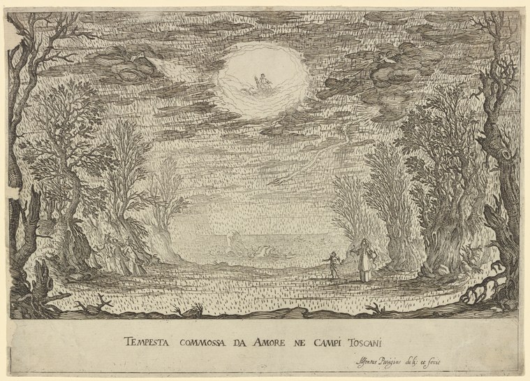 Engraving of scattered figures dancing in a moonlit Tuscan valley amid wind-bent trees and a storm sky.