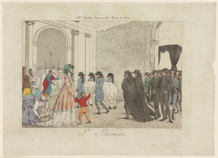 Hand-colored engraving of a formal ceremonial reception with a woman in ochre gown facing an altar with crucifix, attended by male figures in a procession.