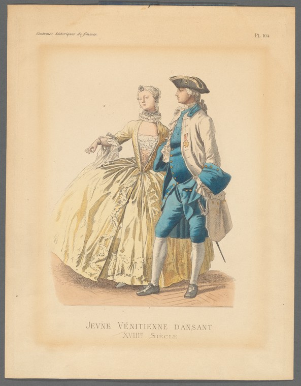 Hand-colored engraving of a woman in a cream gown and a man in blue coat and tricorn hat in 18th-century aristocratic dress, posed as if dancing.