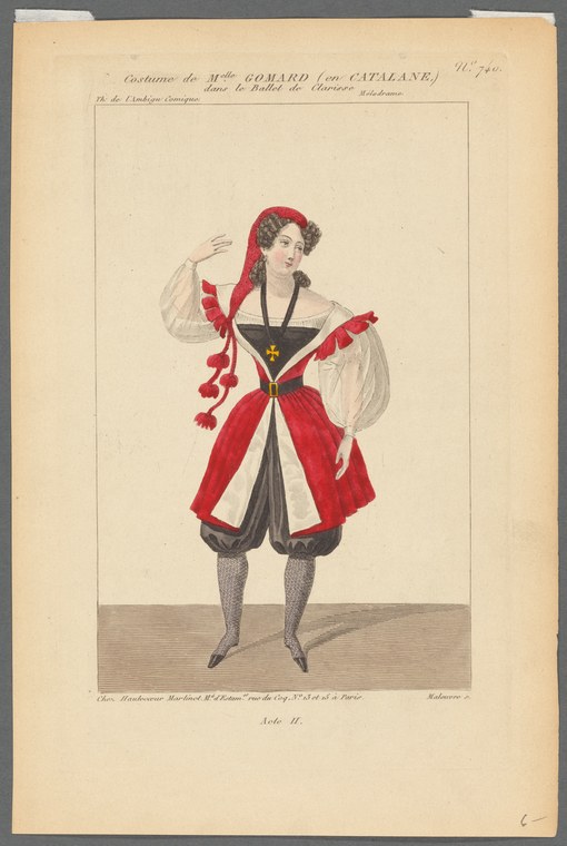 Hand-colored engraving of a woman in red and white costume with a distinctive red headdress, standing in a posed theatrical gesture.