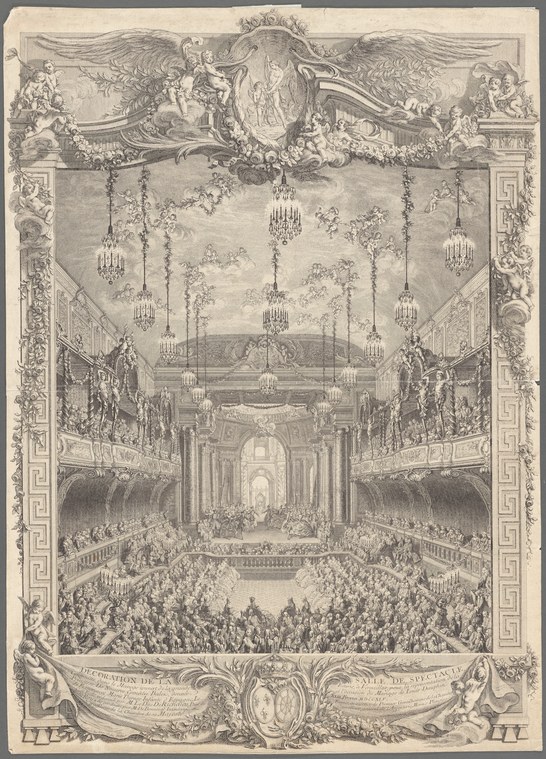 Engraved cross-section of an ornate baroque theater showing the stage, galleries, chandeliers, and hundreds of spectators and attendants.