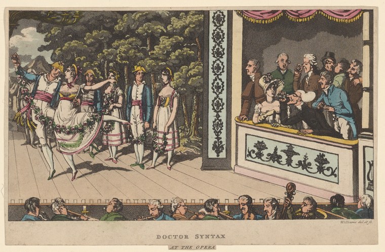 Engraving showing fashionable Regency-era figures in a wooded promenade above and opera house spectators watching a classical stage tableau below.