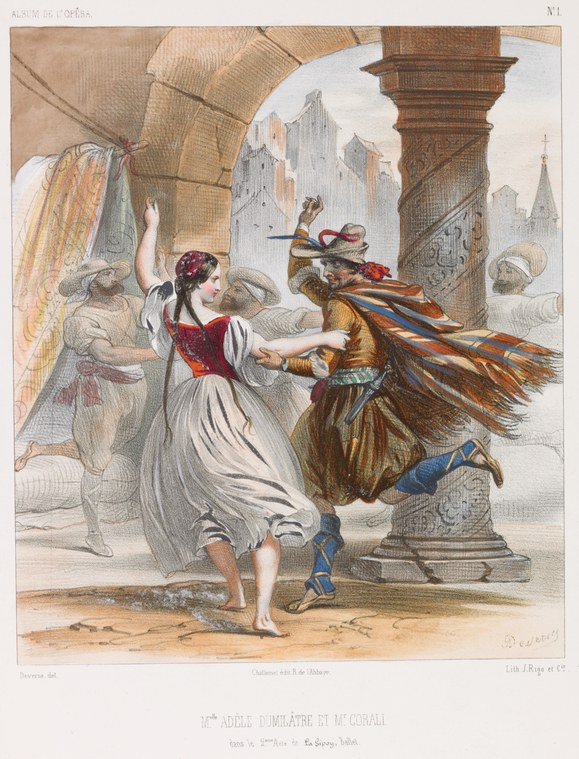 Hand-colored engraving: male dancer in striped brown and gold costume reaches toward a female dancer in white who arches away; ethereal female figure floats