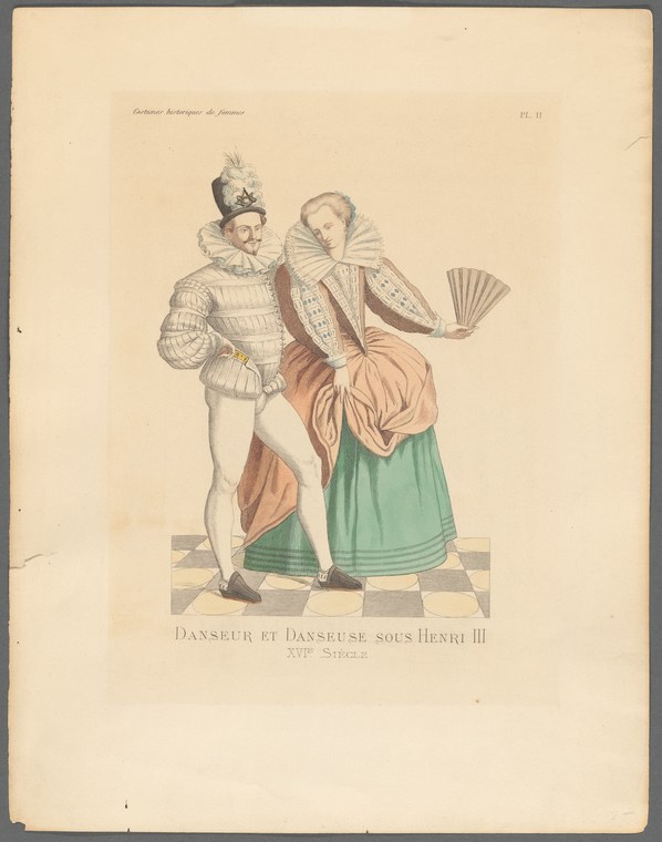 A man in quilted doublet and feathered cap steps toward a woman in a full green skirt and white ruff, holding an open fan, on a checkered floor.
