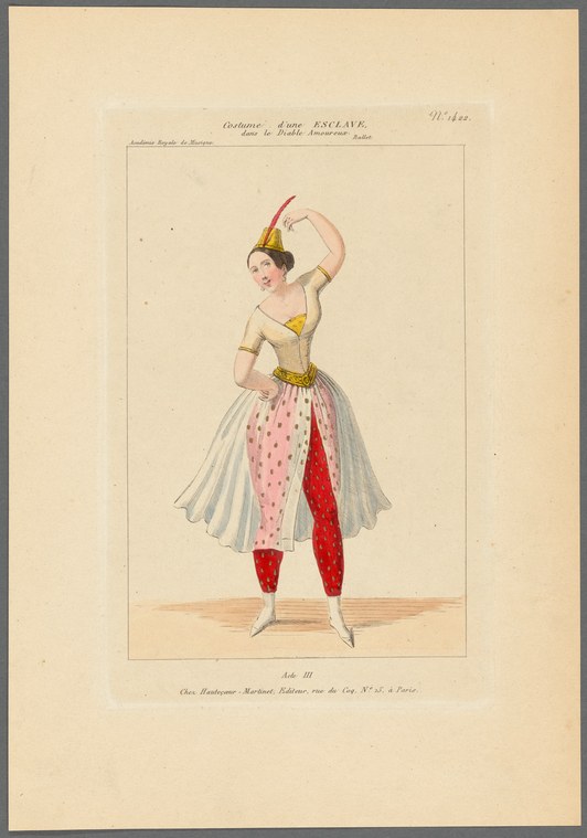 A dancer in a yellow bodice and billowing pink-spotted skirt, right arm raised, in an engraved costume study.