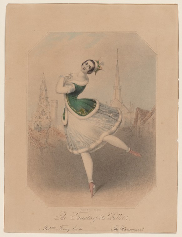 Woman in Romantic ballet costume in a poised leap, with pale church spires in the background.