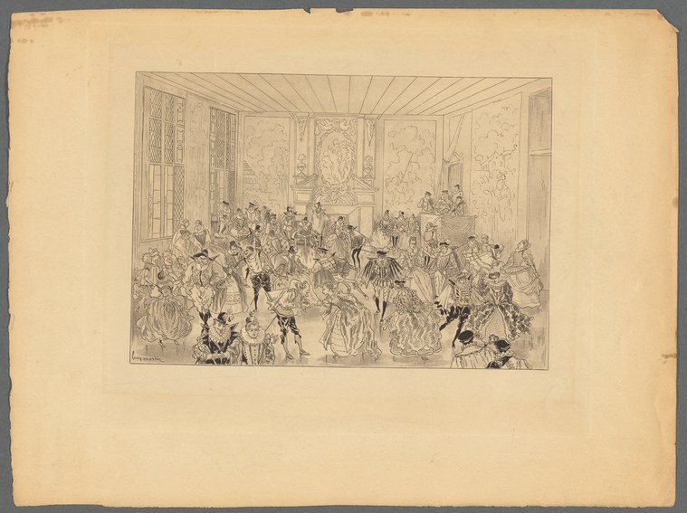 Engraving of a crowded Renaissance ballroom with dozens of figures in Elizabethan dress dancing and socializing.