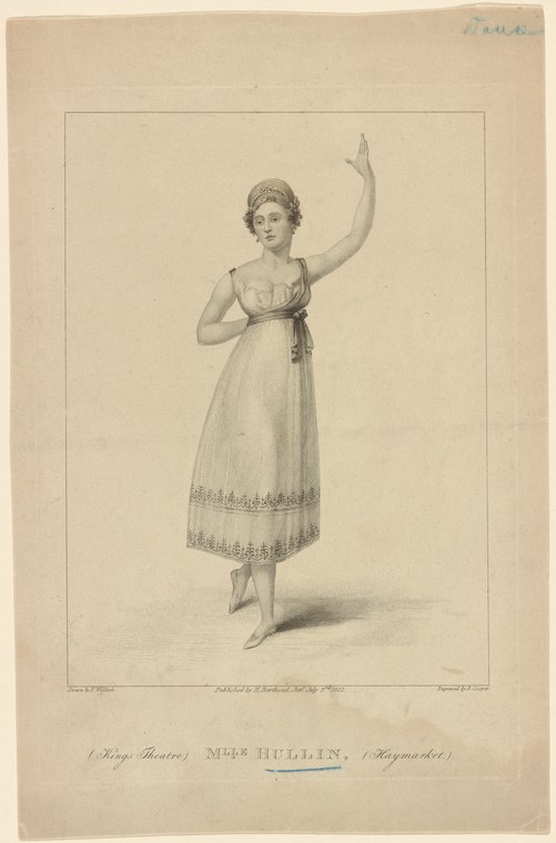 A young woman in a high-waisted white muslin dress stands with her right arm raised gracefully, left arm at her side, in an elegant classical pose.