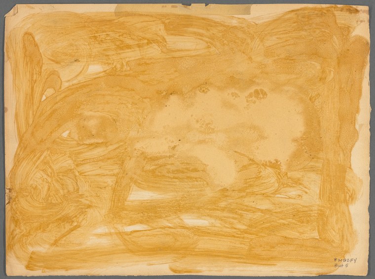 Tan-toned drawing in ochre ink showing multiple figures in formal dress arranged in a ballroom scene with loose, gestural linework.