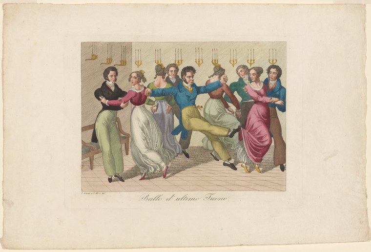 Couple dancing energetically in a ballroom while onlookers clap; woman's skirt billows, man's leg extended. Brass candelabra overhead.