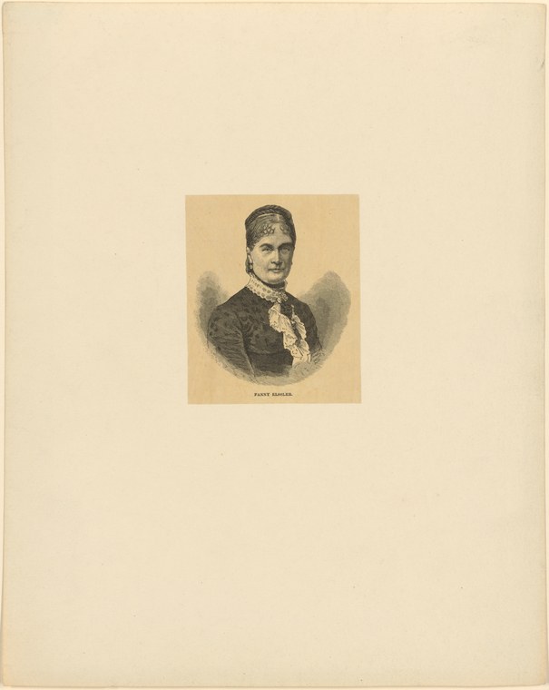 Portrait engraving of a woman in dark velvet jacket and white lace collar, dark hair parted centrally, gazing outward.