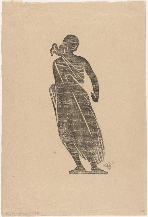 A stylized black-line print of a single dancer in long draped classical dress, standing upright with one arm raised near the head, against a plain background.