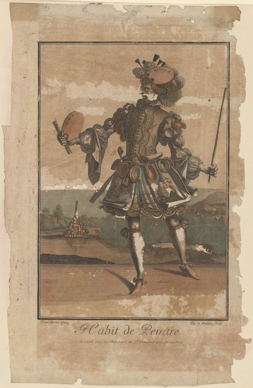 An 18th-century engraved print of a single figure in an elaborate theatrical costume: decorated coat, feathered headdress, holding a mirror, posed