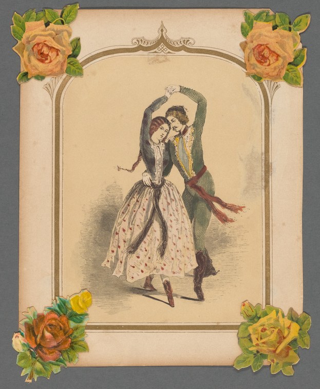 Man in dark coat and woman in white spotted dress dance together in a closed ballroom hold, her skirt flaring mid-turn, framed by ornamental roses.