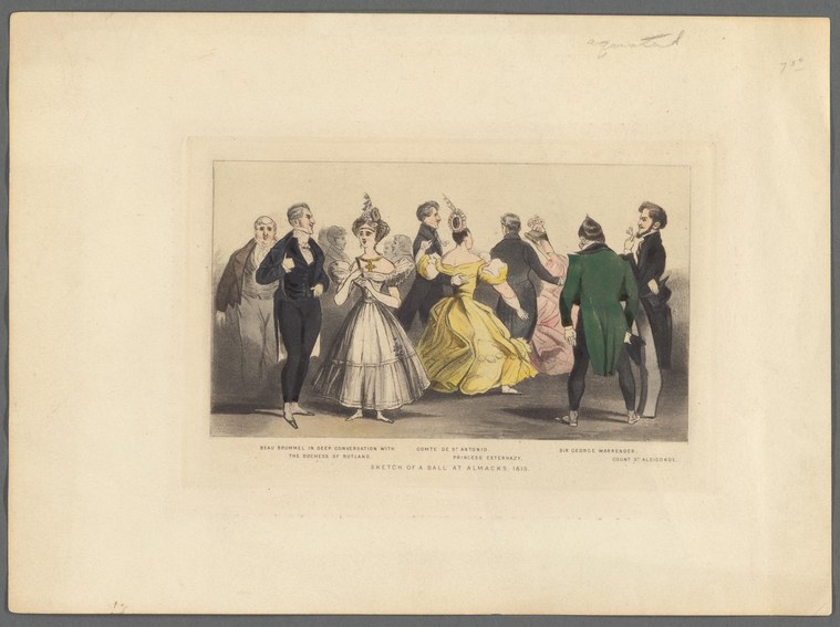 Regency-era engraving of aristocratic figures in formal dress gathered at Almack's Assembly Rooms, including Beau Brummell and Princess Esterházy.