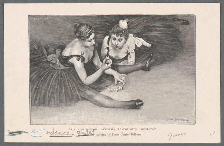 Two ballet dancers in tutus sit together backstage playing a game of knucklebones, relaxed and conversing.