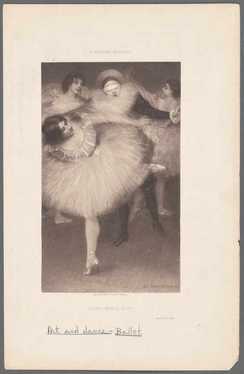 A young woman in a white tulle skirt and ballet posture stands at center, surrounded by playfully gesturing figures in a parlor game scene.