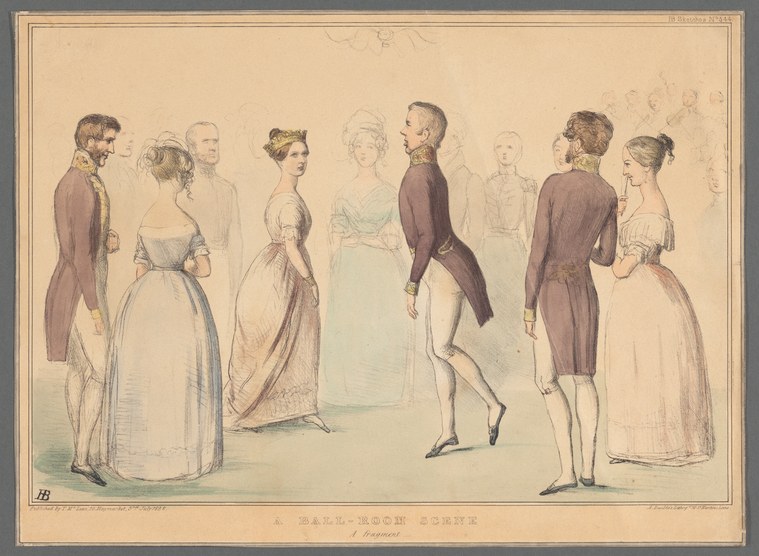 Eight fashionably dressed figures in Regency-era ballroom attire stand in social grouping; men in tailcoats, women in high-waisted gowns.