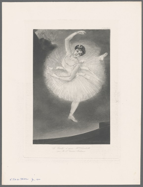A female ballet dancer in a full white tulle tutu performs an arabesque, suspended against a dark background, wearing a tiara.