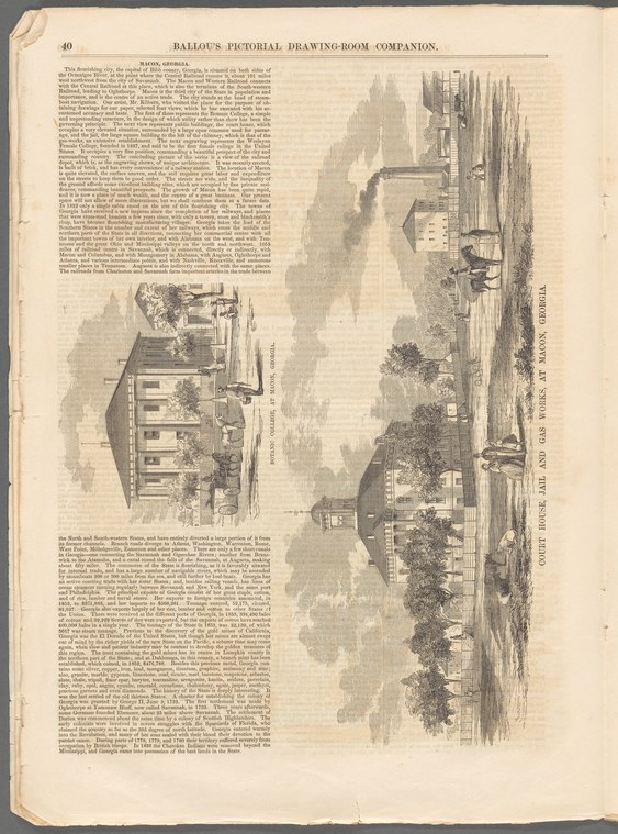 Printed page from Ballou's Pictorial with text about dancer M'lle. Louise Lamoureux and two engravings of architecture and landscape.