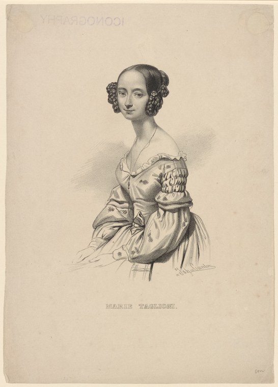 Engraved portrait of a young woman in 1830s dress with ringlets, identified as Marie Taglioni by inscription below.